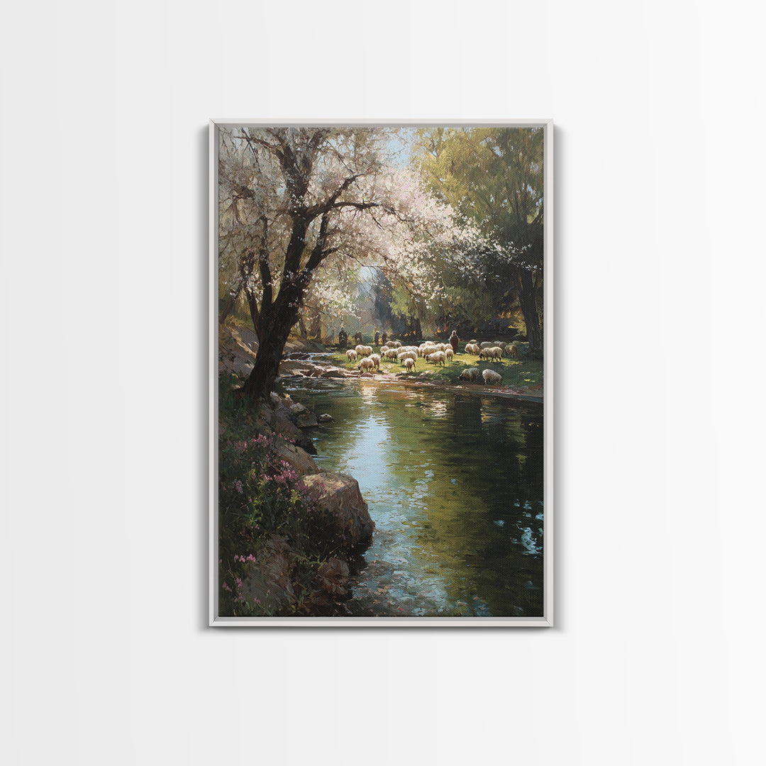 Shepherds By Morning – Framed Canvas Print – Christian Art Canvas – Christian Wall Art – Pastoral Scenery – Modern Christian Art – Christia