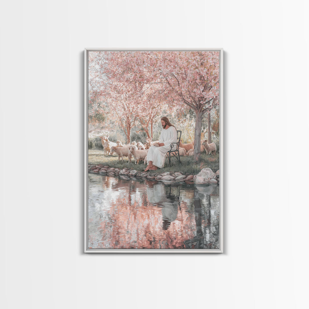 Christ By The Blossoms, Framed Canvas Print, Jesus Art Print, Christian Wall Art, Christian Art Canvas, Christian Decor, Subtle Christian A