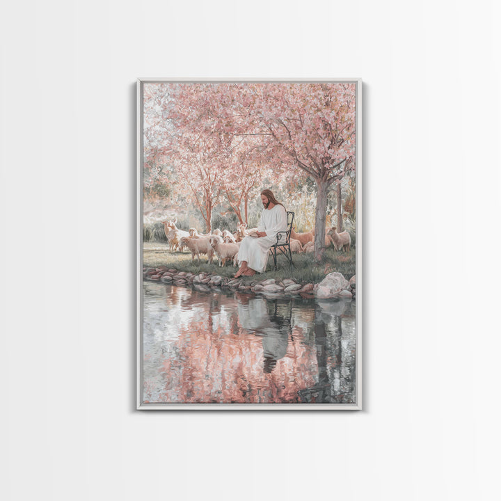 Christ By The Blossoms, Framed Canvas Print, Jesus Art Print, Christian Wall Art, Christian Art Canvas, Christian Decor, Subtle Christian A