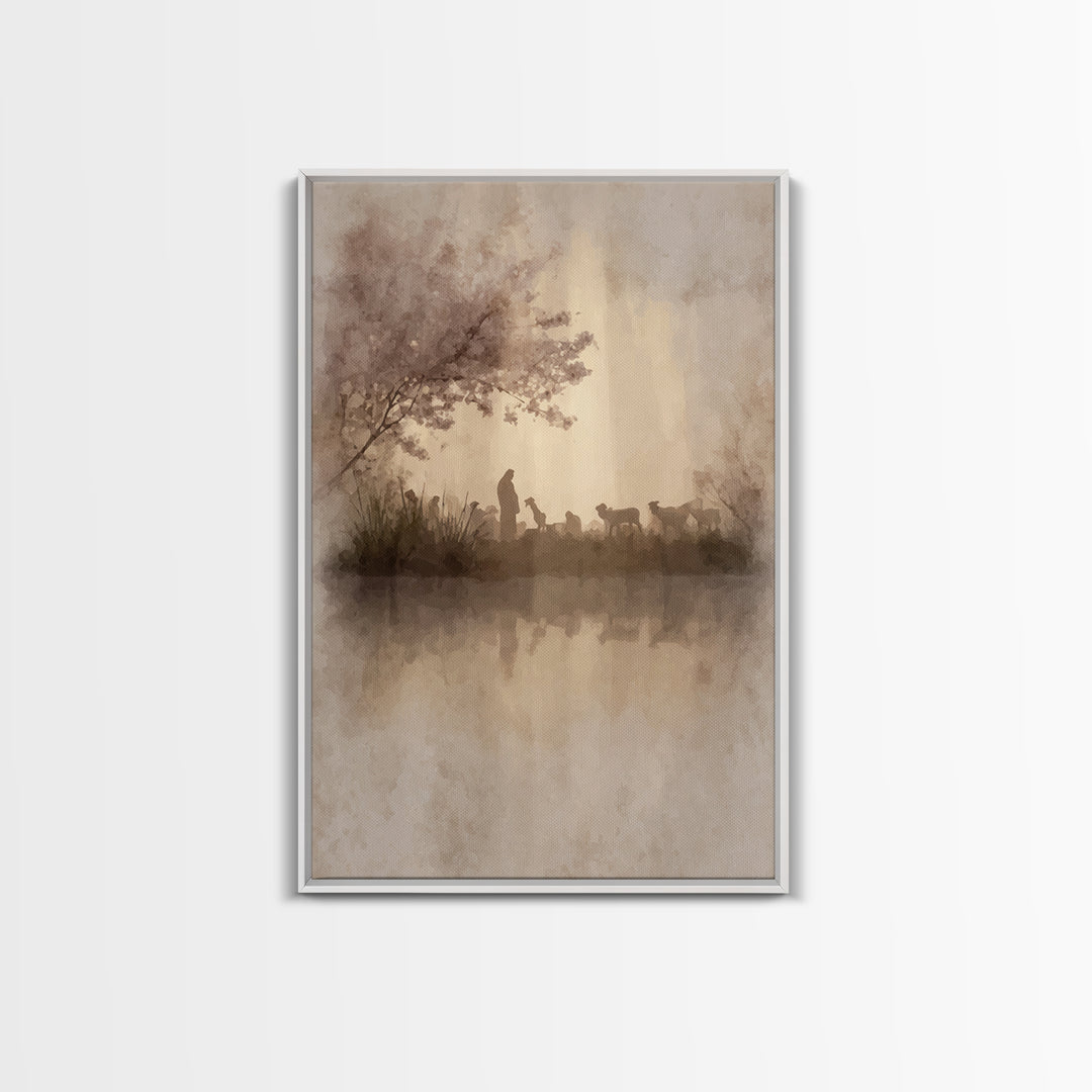 Gentle Shepherd Light | Framed Canvas Print | Christian Wall Art | Christian Art Canvas | Pastoral Scenery | Minimalist Christian Art | Chr