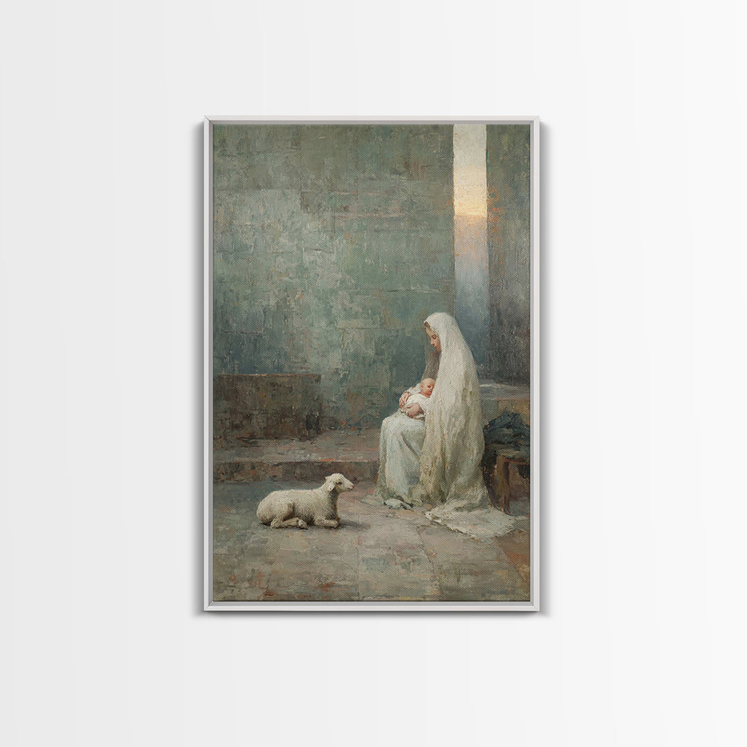 Silent Manger Grace – Framed Canvas Print – Christian Wall Art – Christian Art Canvas – Mary And Jesus Painting – Christmas Art – Christian