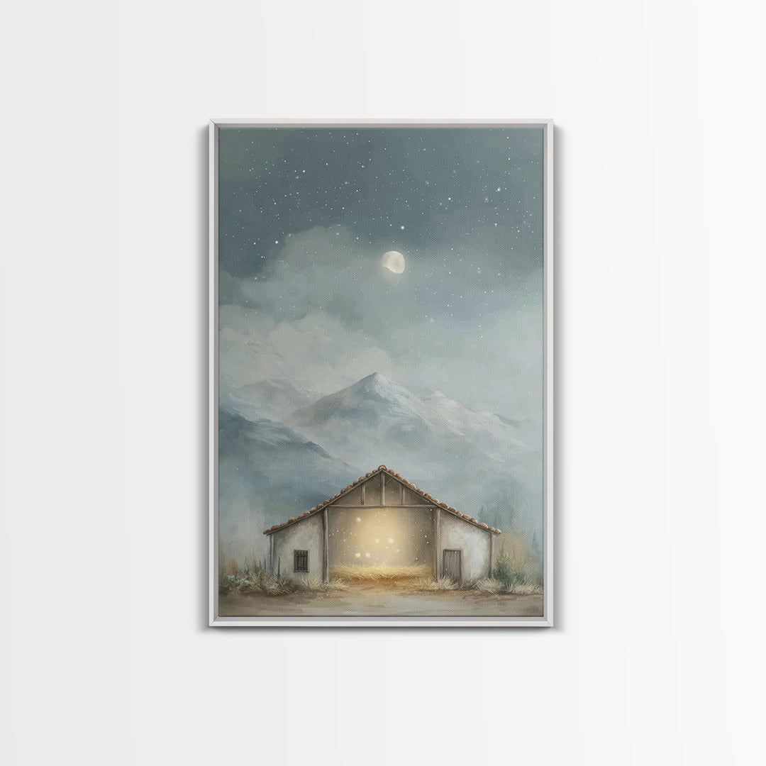 Moonlit Stable Calm | Framed Canvas Print | Christian Art Canvas | Christian Wall Art | Christmas Art | Christian Christmas Decor | Faith A