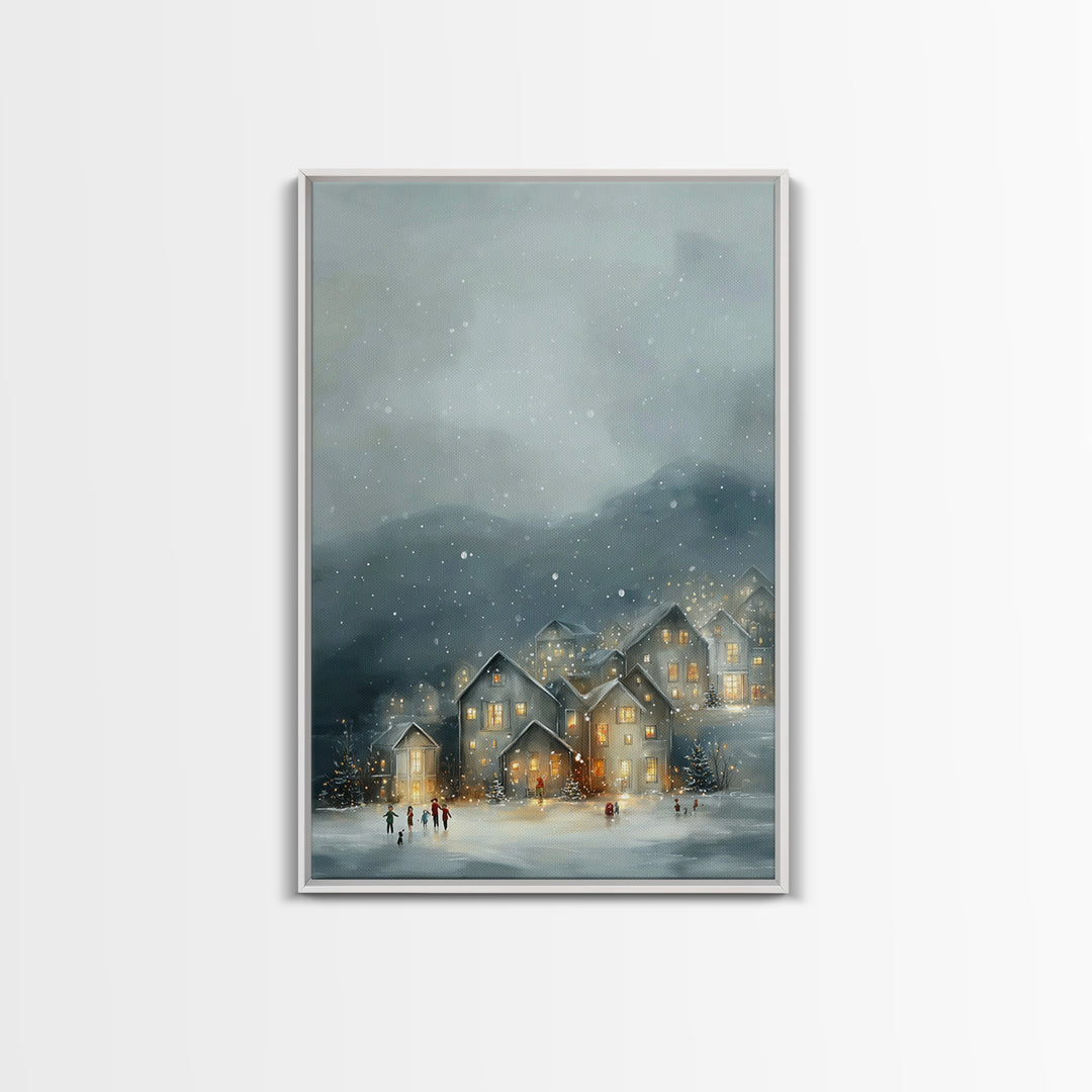 Snowy Village Light – Framed Canvas Print – Christmas Canvas Wall Art – Christian Christmas Art – Moody Christmas Art – Christian Art Canva