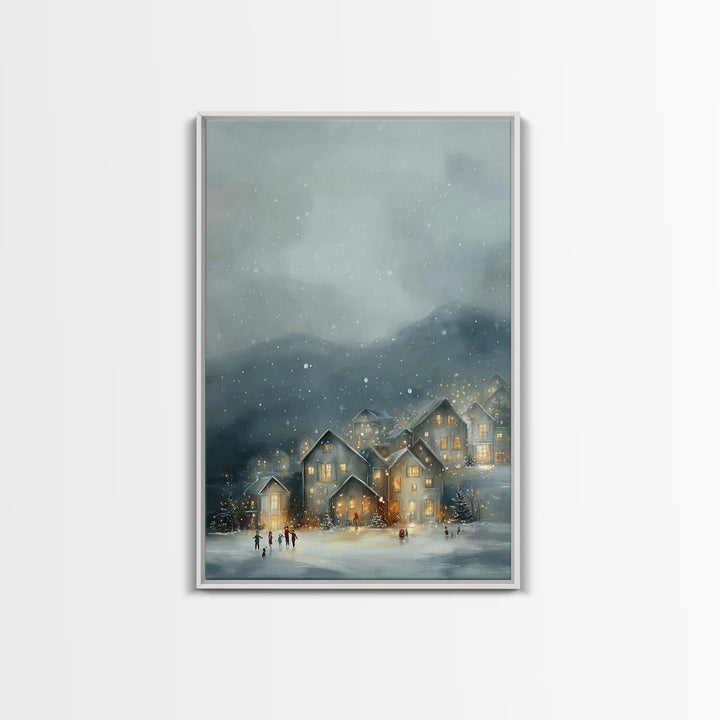 Snowy Village Light – Framed Canvas Print – Christmas Canvas Wall Art – Christian Christmas Art – Moody Christmas Art – Christian Art Canva