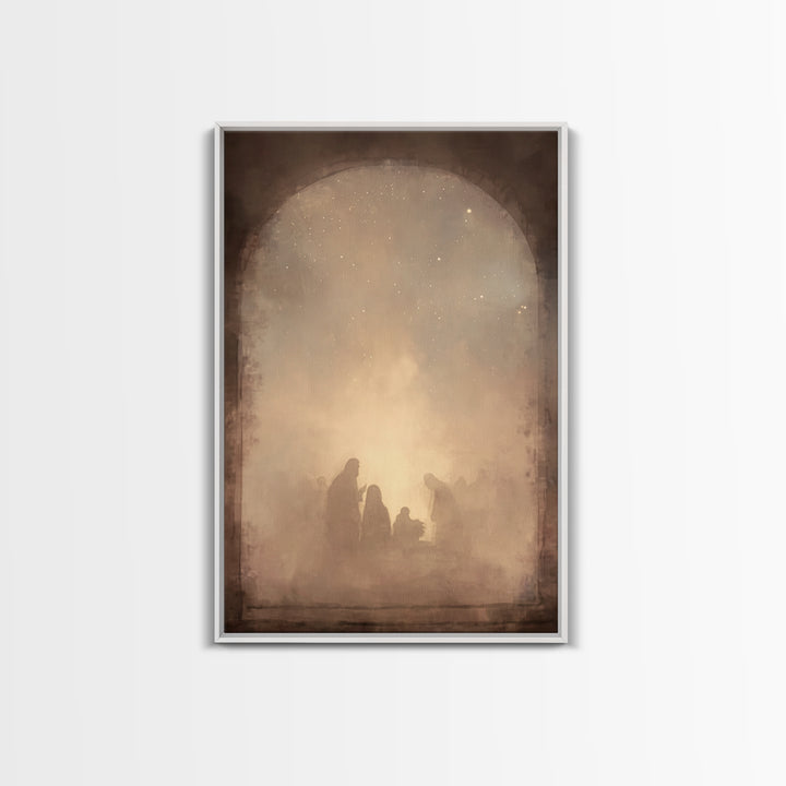 Silent Manger Glow – Framed Canvas Print – Christian Christmas Art – Christmas Canvas Wall Art – Christian Art Canvas – White Christmas Art