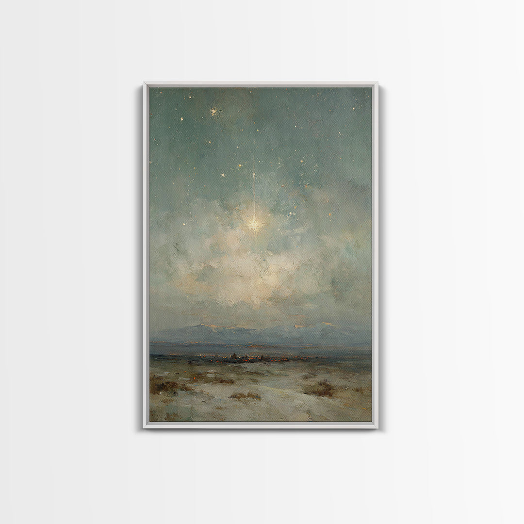 Heavenly Night Signal, Framed Canvas Print, Christian Art Canvas, Christmas Wall Art, Christian Christmas Art, Christmas Art Prints, Moody