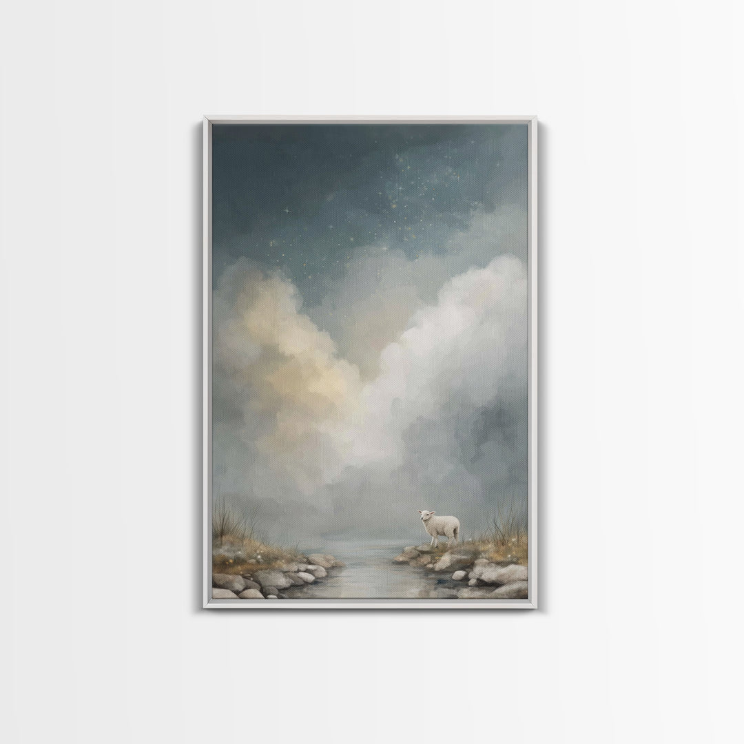 Quiet River Lamb, Framed Canvas Print, Christian Wall Art, Christian Art, Christian Art Canvas, Christian Gift Ideas, Jesus Painting