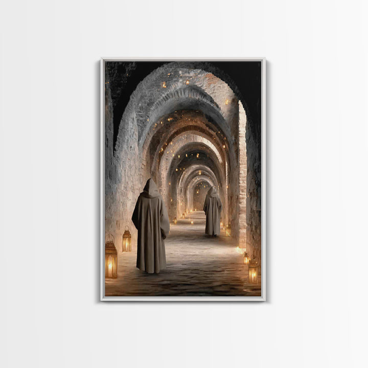Monastic Pathway Glow – Framed Canvas Print – Christian Art Canvas – Christian Wall Art – Moody Christian Art – Christian Decor – Christmas