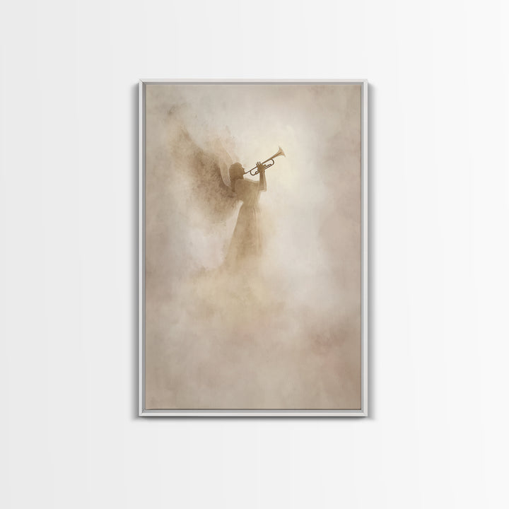 Trumpet In The Clouds – Framed Canvas Print – Christian Wall Art – Christian Art Canvas – Angel Art – Subtle Christian Art – Christian Deco
