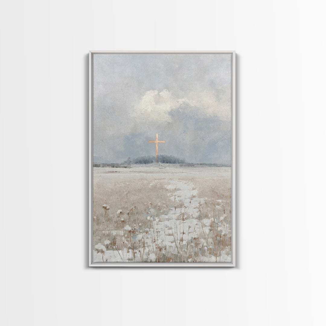 Winter Cross Peace – Framed Canvas Print – Christian Wall Art – Christian Art Work – Blue Christian Art – Christian Christmas Art – Christi