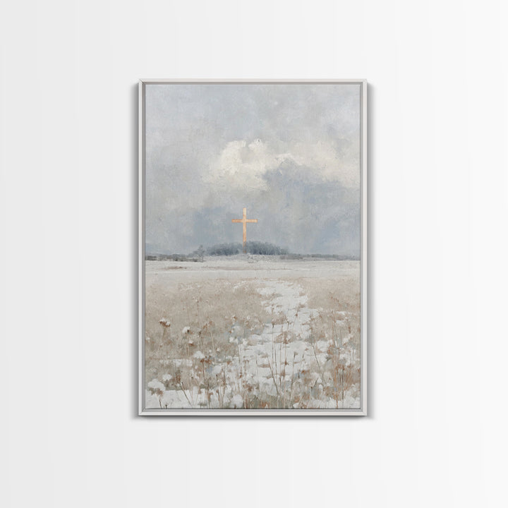 Winter Cross Peace – Framed Canvas Print – Christian Wall Art – Christian Art Work – Blue Christian Art – Christian Christmas Art – Christi