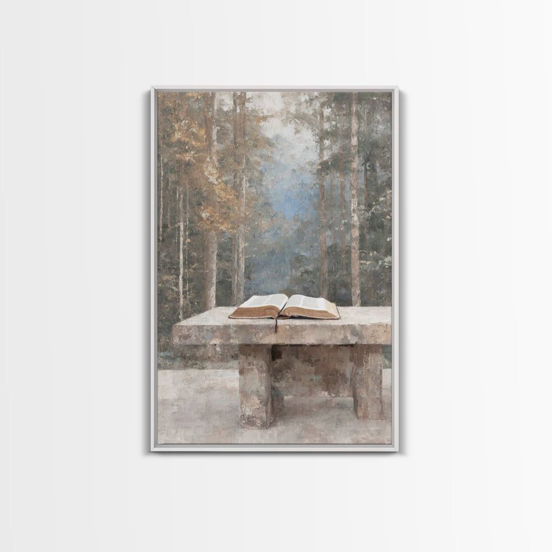 Quiet Scripture Table, Framed Canvas Print, Christian Wall Art, Christian Art Canvas, Christian Gift, Subtle Christian Art