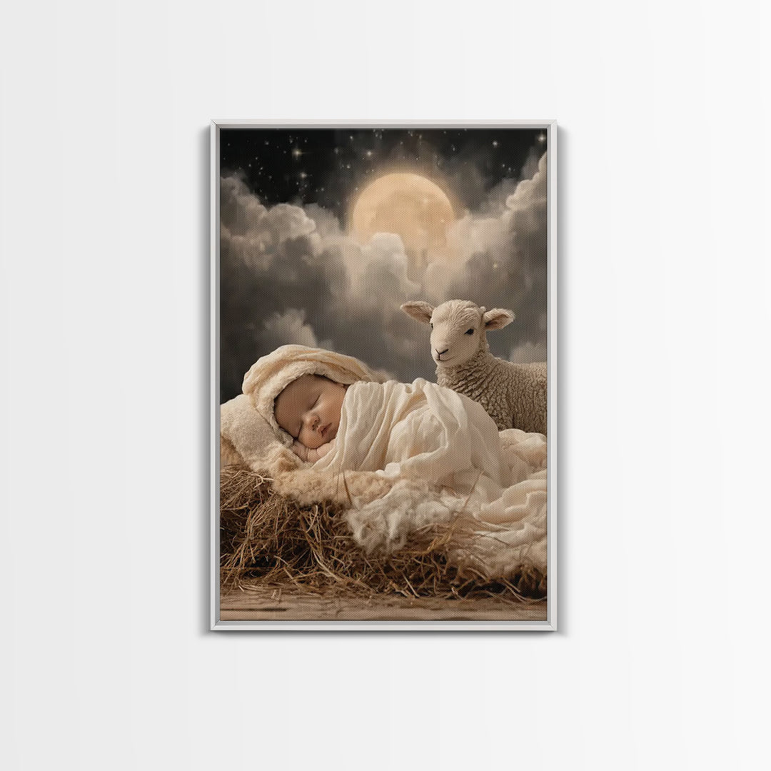Holy Lamb Watch – Framed Canvas Print – Christian Christmas Art – Christian Art Print – Jesus Christmas Art – Christmas Wall Art – Modern C