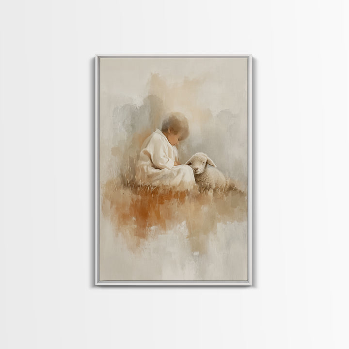 Gentle Shepherd Joy – Framed Canvas Print – Christian Art Print – Modern Christian Art – Christian Christmas Art – Jesus Painting – Christm
