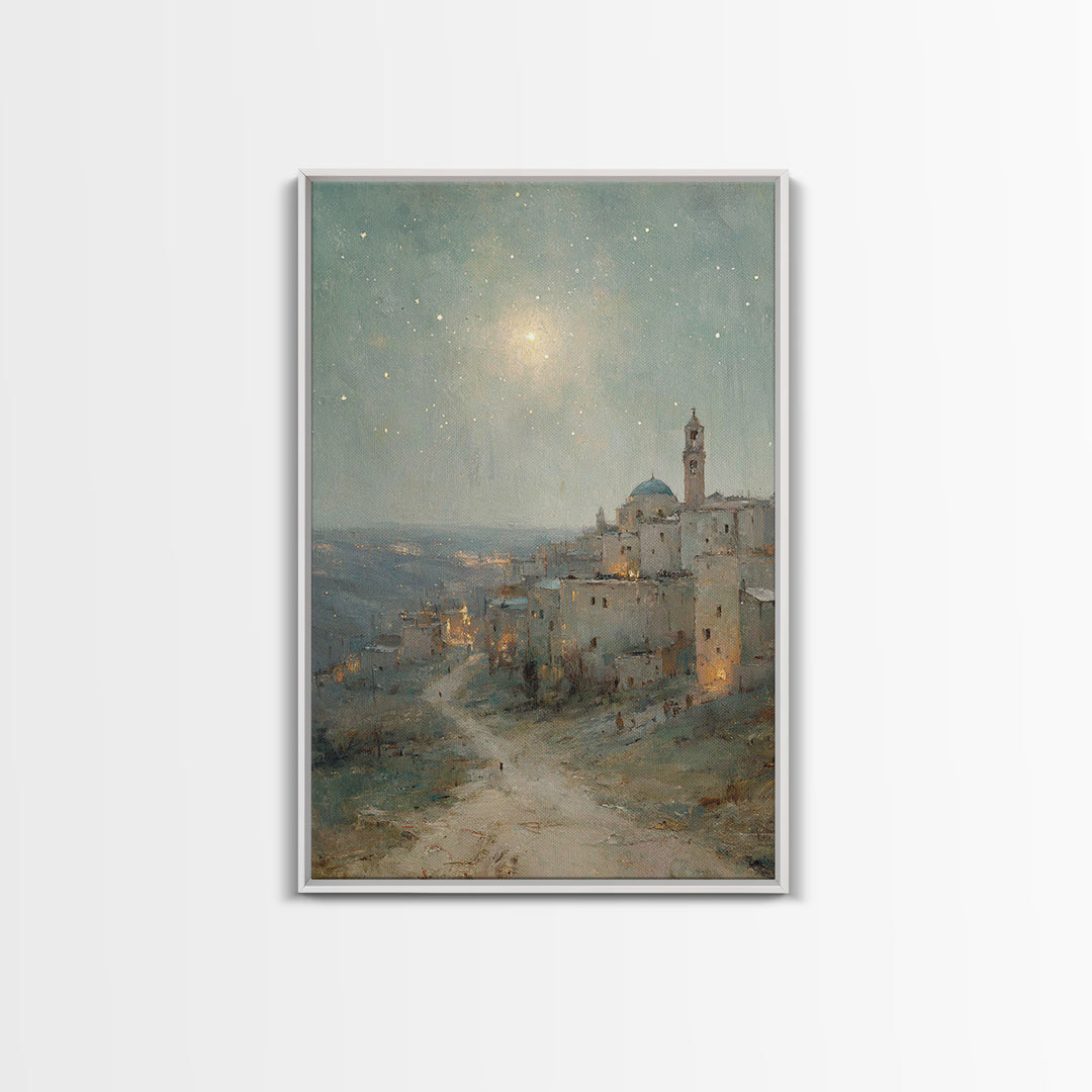 Bethlehem Nightfall, Framed Canvas Print, Christian Wall Art, Christmas Art Prints, Christian Art Canvas, Christian Christmas Art, Vintage