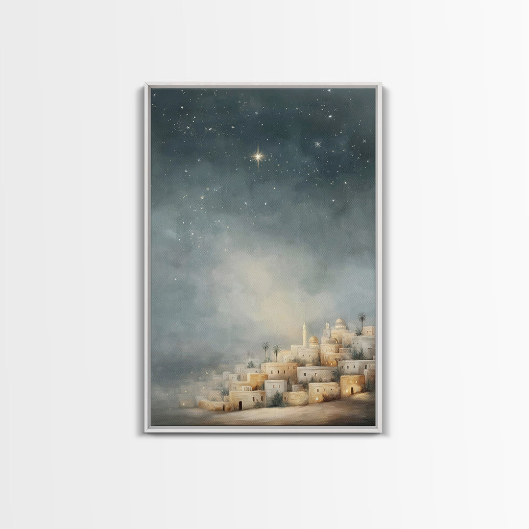 Midnight Bethlehem Glow – Framed Canvas Print – Christian Wall Art – Christmas Art Prints – Christian Christmas Art – Modern Christian Art