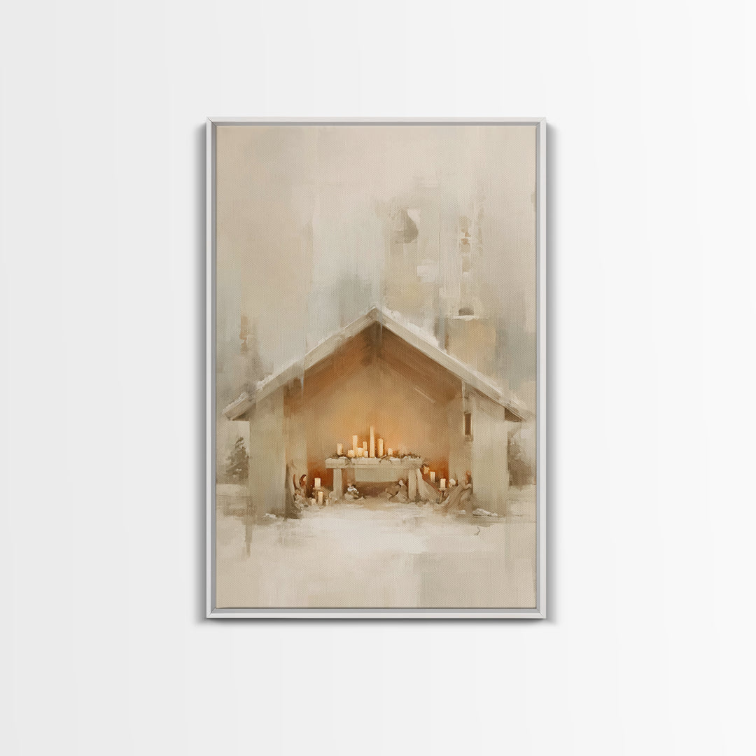 Humble Nativity Glow, Framed Canvas Print, Christmas Wall Art, Christian Art Canvas, Minimalist Christian Art, Christian Christmas Art, Sub