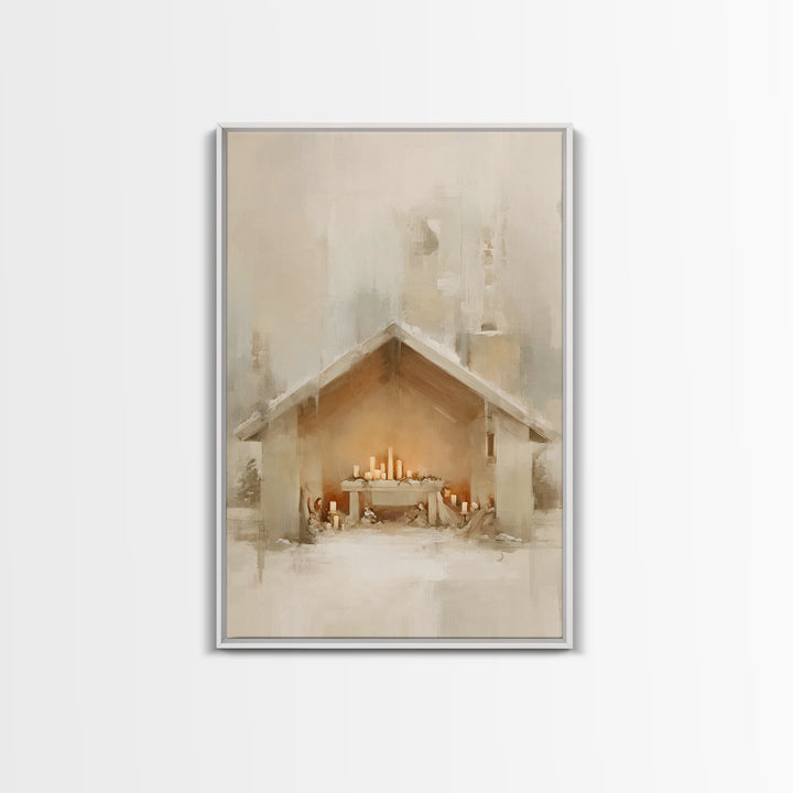 Humble Nativity Glow, Framed Canvas Print, Christmas Wall Art, Christian Art Canvas, Minimalist Christian Art, Christian Christmas Art, Sub