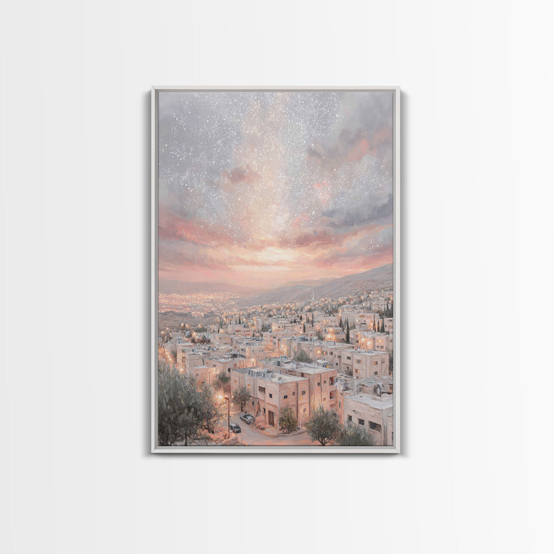 Dawn Over Bethlehem, Framed Canvas Print, Christmas Wall Art, Christian Art Print, Christian Christmas Art, Modern Christian Painting, Chri