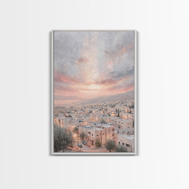 Dawn Over Bethlehem, Framed Canvas Print, Christmas Wall Art, Christian Art Print, Christian Christmas Art, Modern Christian Painting, Chri