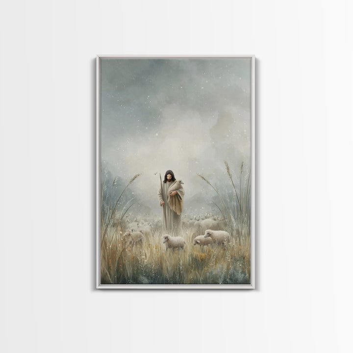 Gentle Shepherd Light – Framed Canvas Print – Jesus Painting – Christian Art Print – Christian Decor – Christian Wall Art – Minimalist Chri
