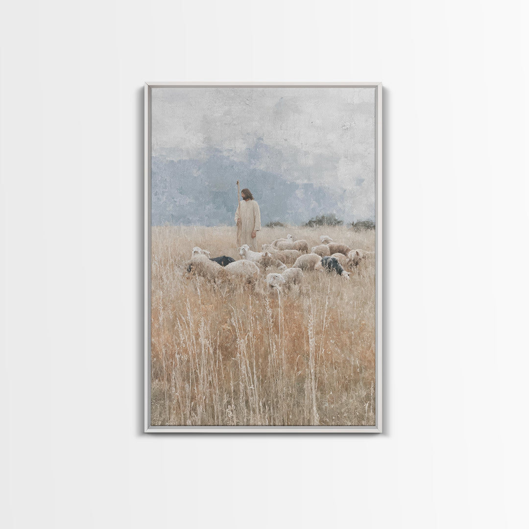 Quiet Meadow Shepherd – Framed Canvas Print – Christian Art Canvas – Jesus Painting – Christian Decor For Home – Large Christian Painting –