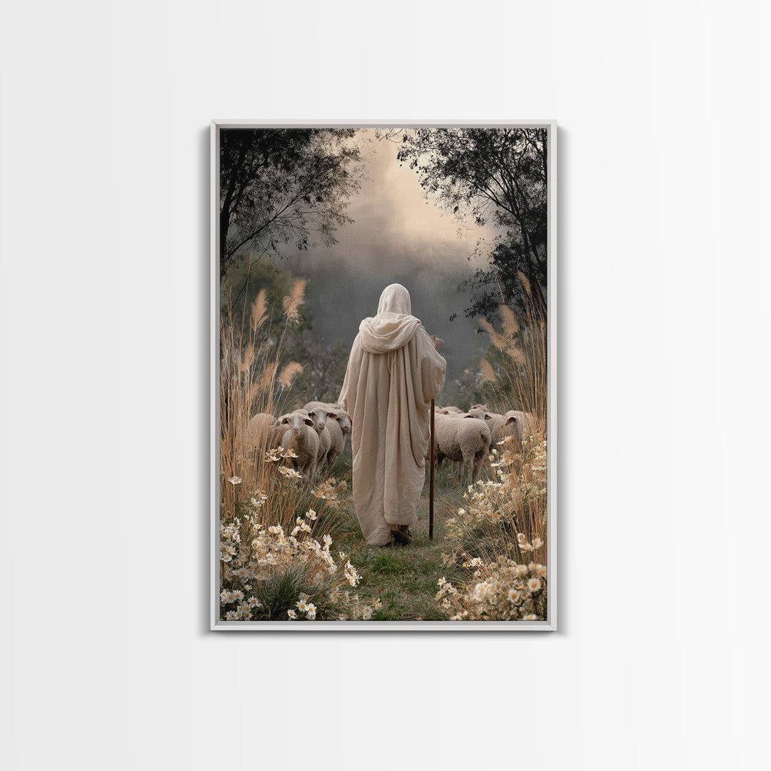 Evening Shepherd Glow – Framed Canvas Print – Christian Art Canvas – Christian Wall Art – Large Jesus Painting – Christian Decor – Modern C