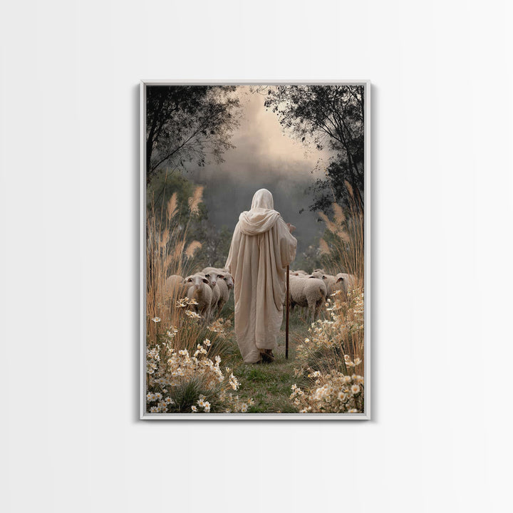 Evening Shepherd Glow – Framed Canvas Print – Christian Art Canvas – Christian Wall Art – Large Jesus Painting – Christian Decor – Modern C