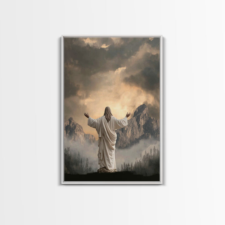 Mountain Prayer Light | Framed Canvas Print | Christian Art Canvas | Jesus Wall Art | Moody Christian Art | Large Christian Painting | Chri