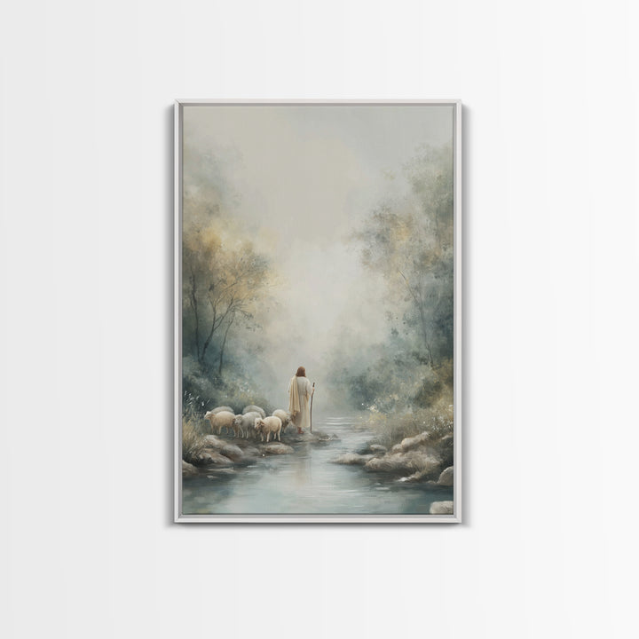 River Path Shepherd – Framed Canvas Print – Christian Art Canvas – Jesus Painting – Modern Christian Art – Christian Gift Ideas – Christian