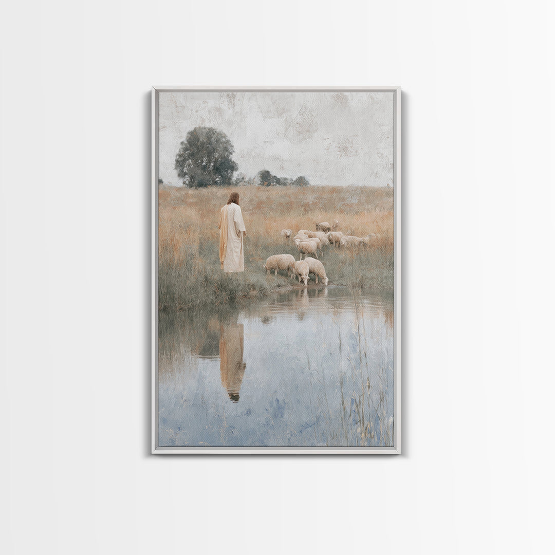 Fieldside Shepherd Hope | Framed Canvas Print | Christian Wall Art | Jesus Art Print | Christian Art Canvas | Modern Christian Art | Christ