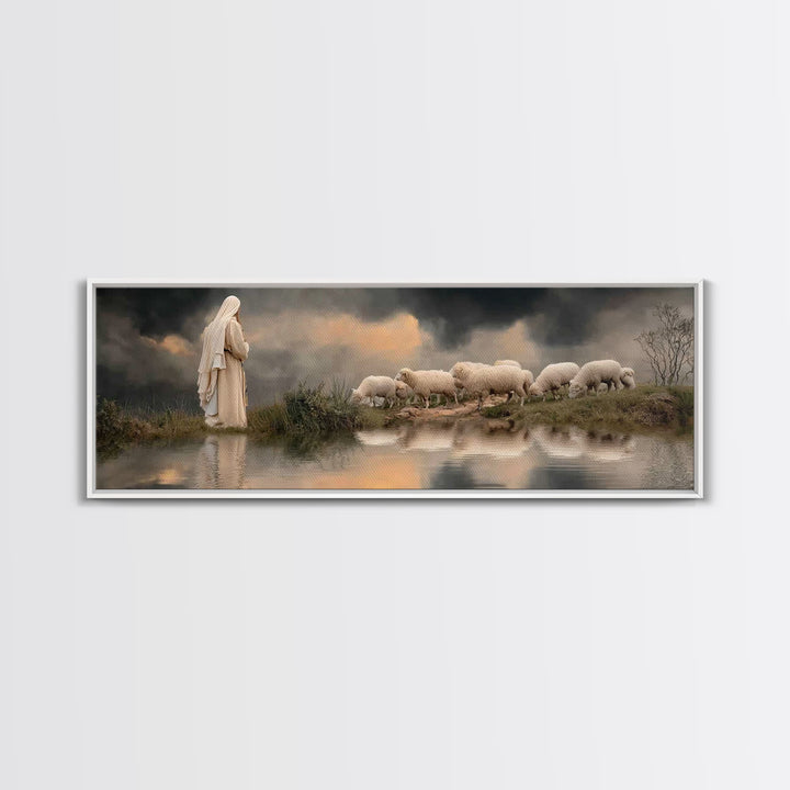 The Shepherd’s Calm – Framed Canvas Print – Christian Wall Art – Jesus Painting – Panoramic Art – Christian Christmas Art