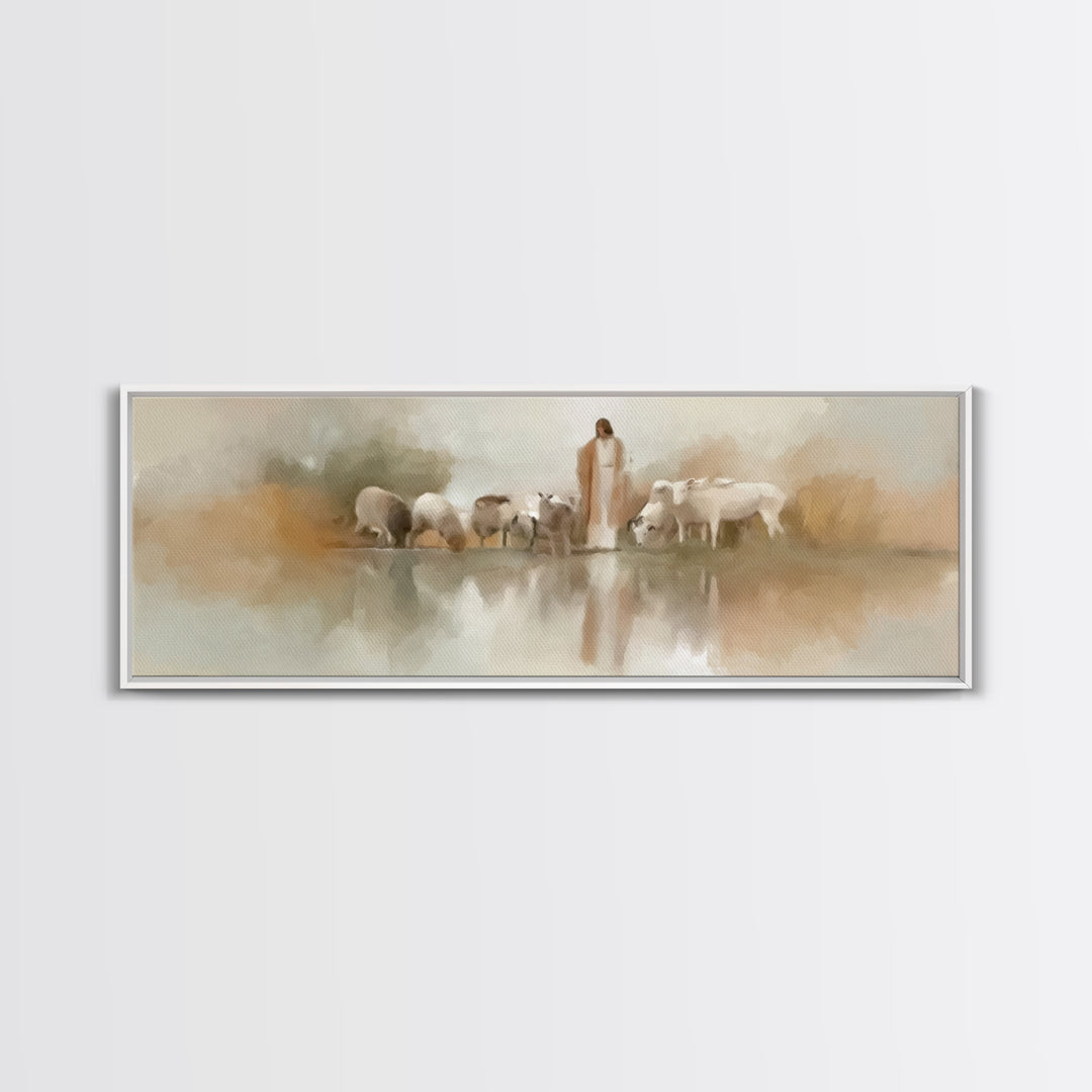 Gentle Pasture Light | Framed Canvas Print | Christian Wall Art | Panoramic Frame | Jesus Canvas Art | Christmas Art