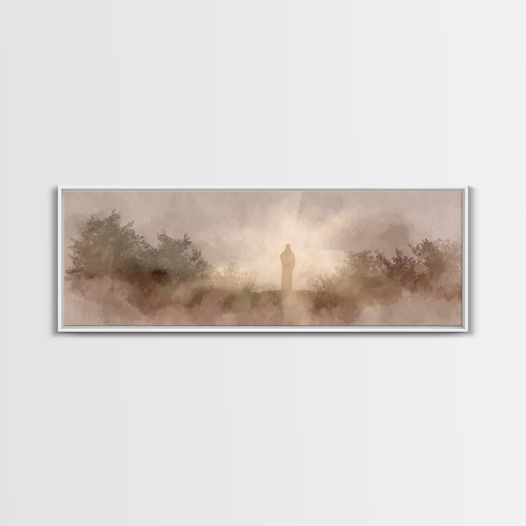Hillside Redeemer, Framed Canvas Print, Christian Art, Jesus Wall Art, Panoramic Painting, Christian Christmas Art