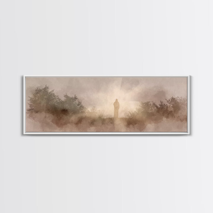 Hillside Redeemer, Framed Canvas Print, Christian Art, Jesus Wall Art, Panoramic Painting, Christian Christmas Art