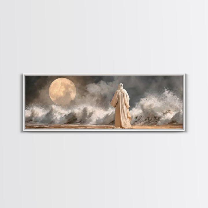 Moonlit Sea Grace | Framed Canvas Print | Panoramic Painting | Christian Wall Art | Jesus Canvas Art | Christian Art Print | Christian Deco