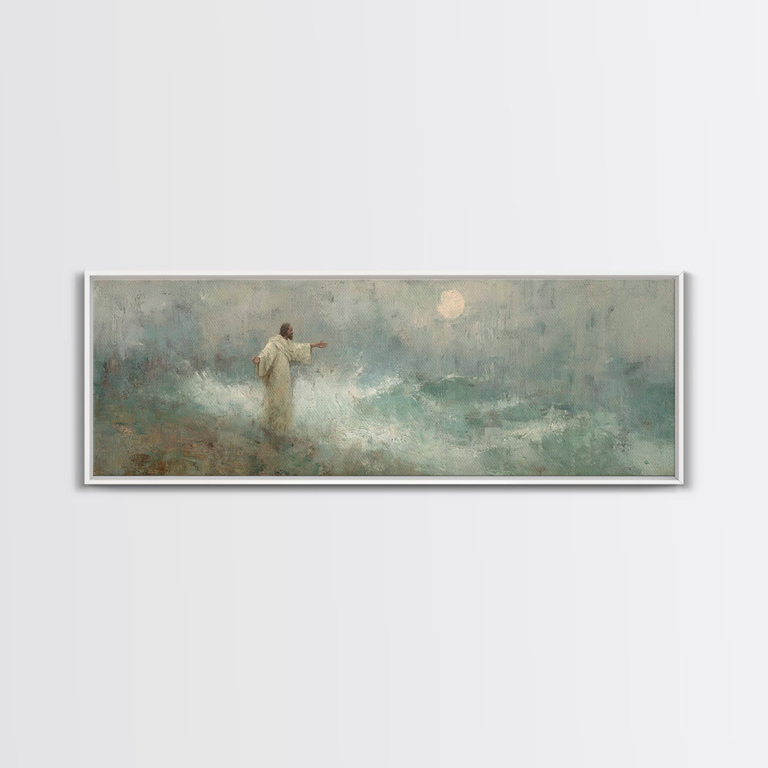 Ocean Of Peace, Framed Canvas Print, Jesus Painting, Christian Wall Art, Panoramic Print, Christian Art Canvas, Christian Christmas Art
