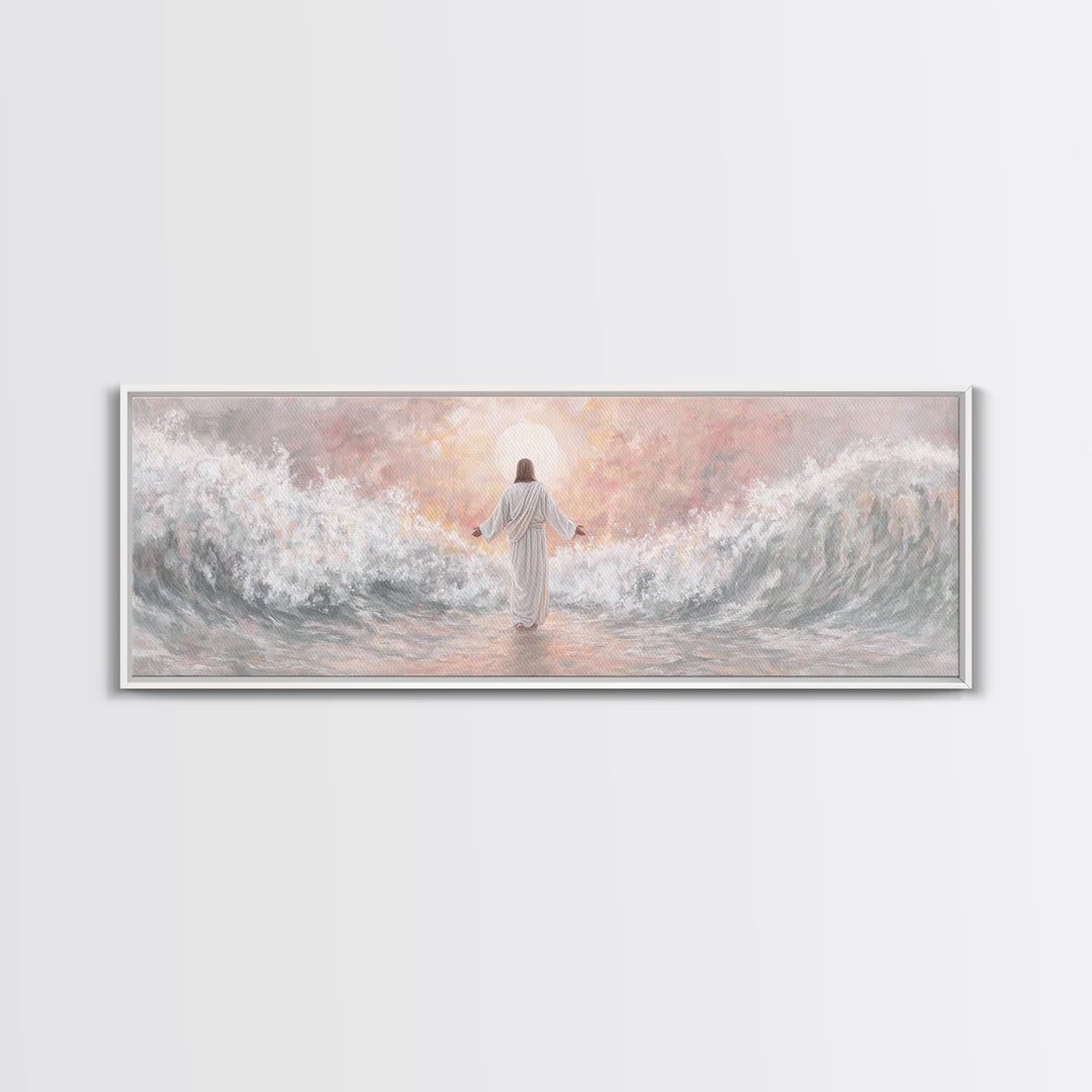 Morning Tide Mercy | Framed Canvas Print | Christian Art | Jesus Painting | Panoramic Frame | Christian Wall Art | Modern Christian Art