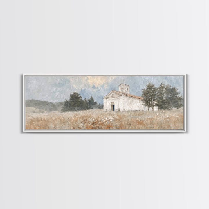 Hillside Parish Light – Framed Canvas Print – Panoramic Painting – Christian Art Canvas – Christian Wall Art – Christian Decor – Christmas