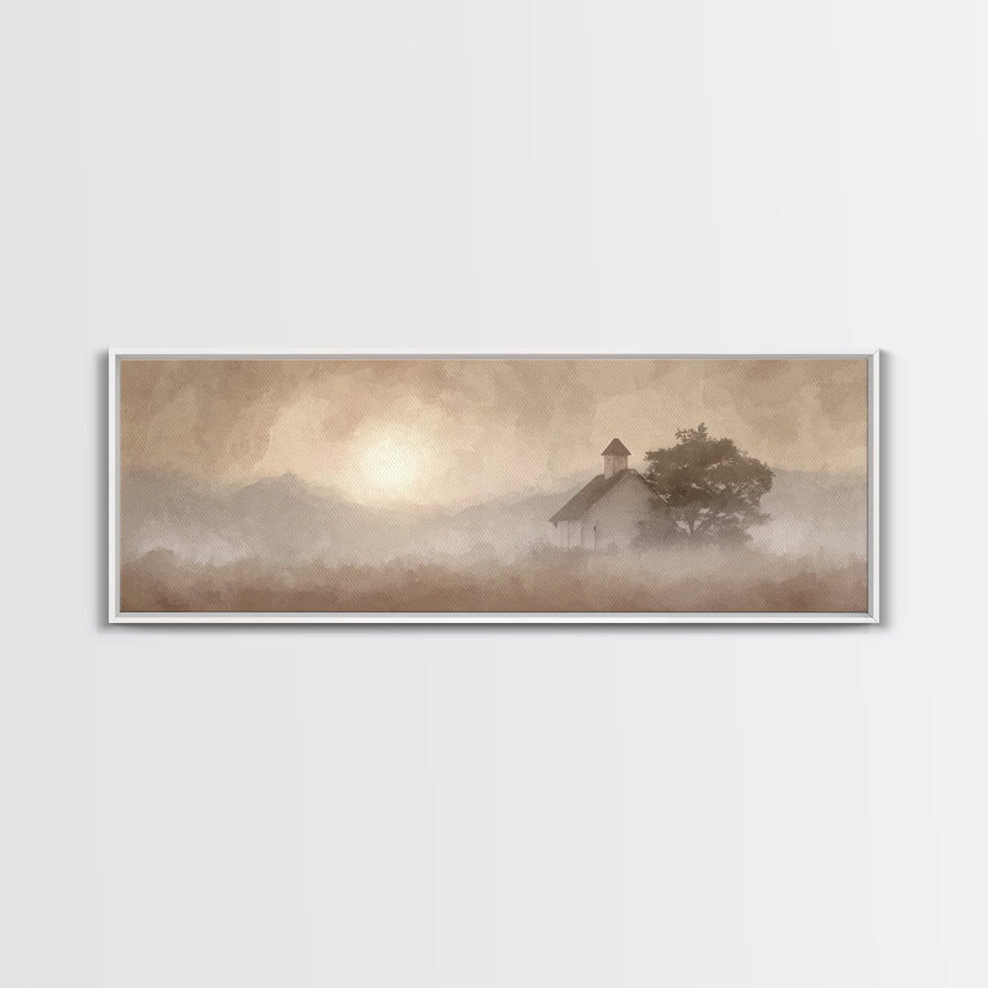 Rustic Chapel Mist – Framed Canvas Print – Panoramic Frame – Christian Art Canvas – Christian Wall Art – Christian Christmas Art – Christia