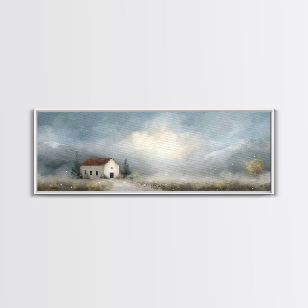 Valley Church Calm, Framed Canvas Print, Panoramic Painting, Christian Art Canvas, Christian Decor, Christian Christmas Art, Christian Wall