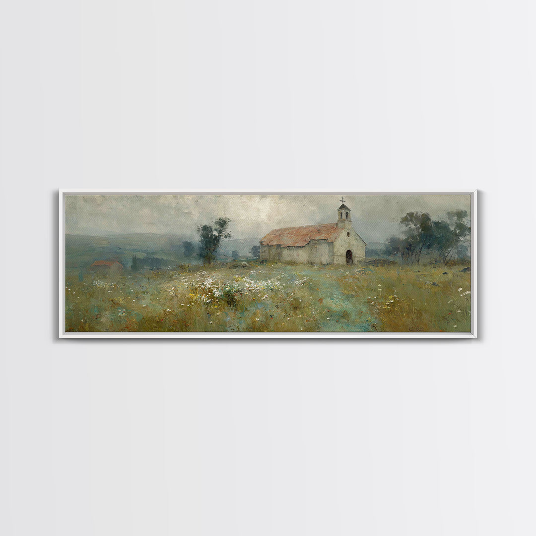 Fieldside Chapel Grace | Framed Canvas Print | Panoramic Wall Art | Christian Art Canvas | Christian Decor | Christian Art | Christmas Art
