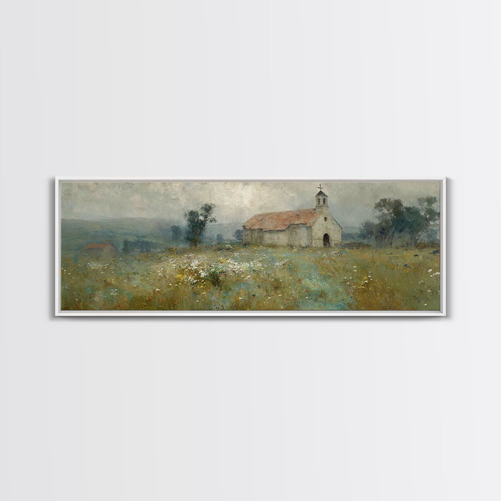 Fieldside Chapel Grace | Framed Canvas Print | Panoramic Wall Art | Christian Art Canvas | Christian Decor | Christian Art | Christmas Art