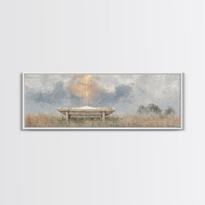 Starborn Manger | Framed Canvas Print | Christmas Wall Art | Christian Christmas Art | Panoramic Frame | Christian Art Canvas | Christmas A
