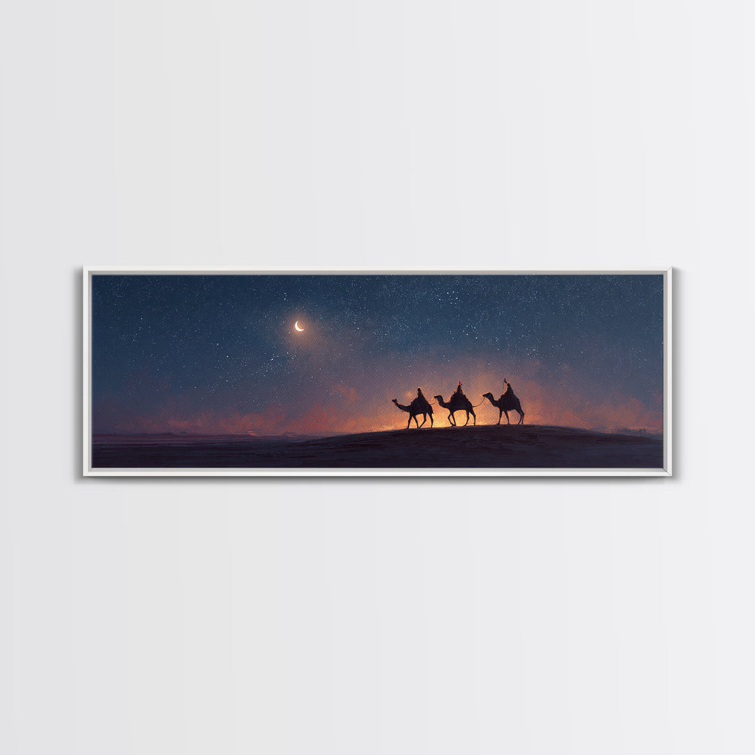 Moonlit Pilgrims – Framed Canvas Print – Extra Wide Art – Christian Wall Art – Christian Art Canvas – Christmas Art – Modern Christian Art