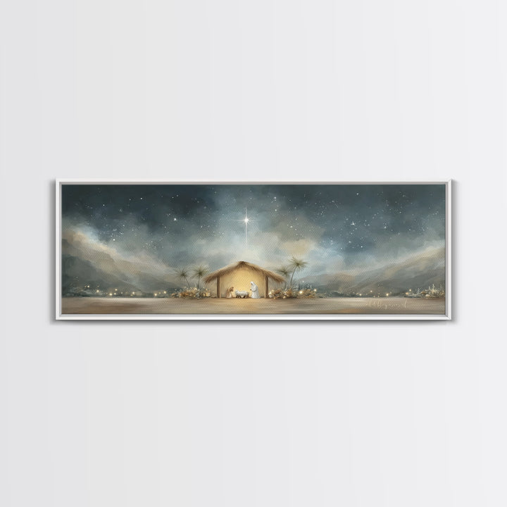 Holy Night Shelter, Framed Canvas Print, Panoramic Wall Art, Christian Art, Christmas Art Prints, Christian Christmas Decor, Jesus Painting