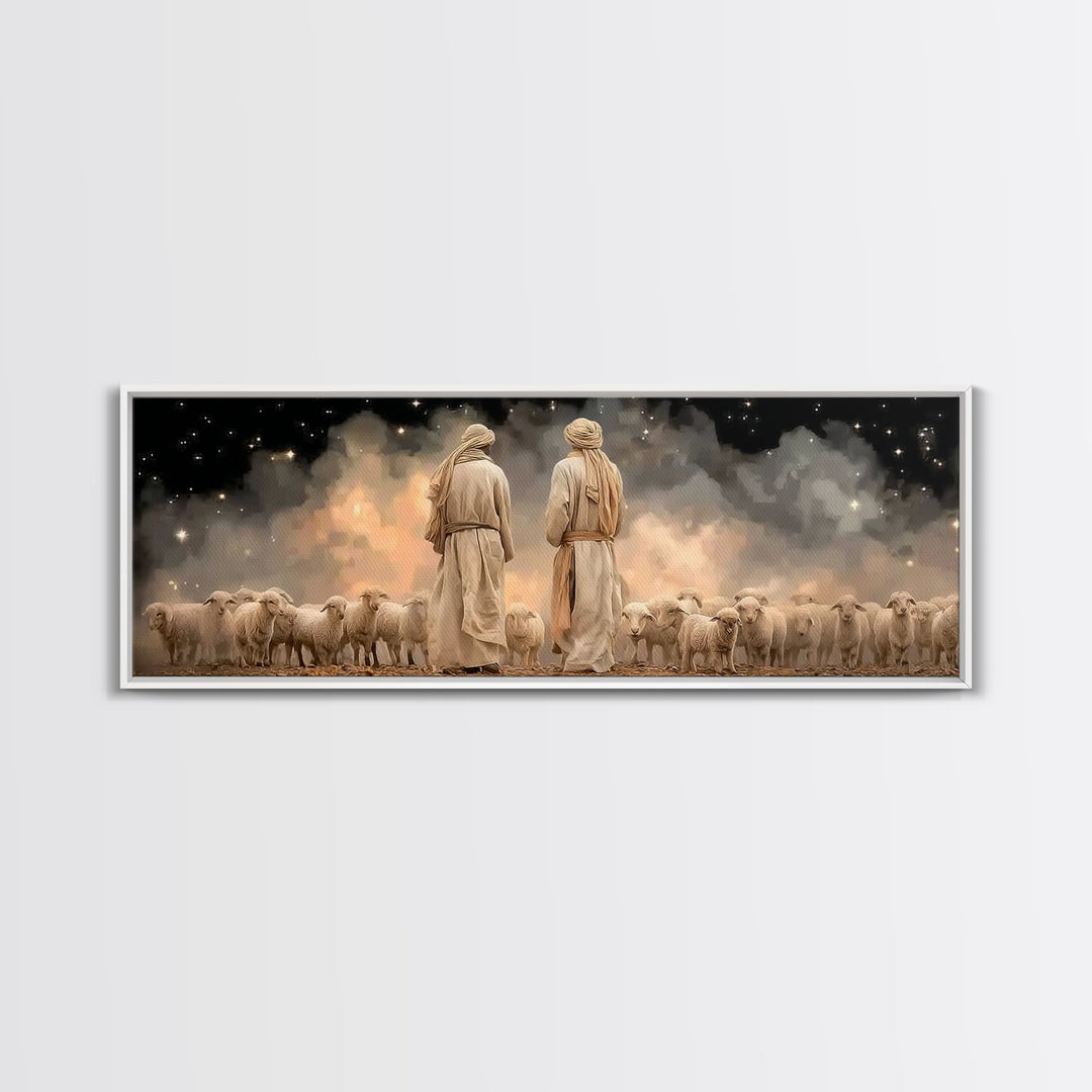 Starry Shepherd Watch – Framed Canvas Print – Panoramic Art – Christian Wall Art – Christian Art Canvas – Christmas Art – Jesus Painting