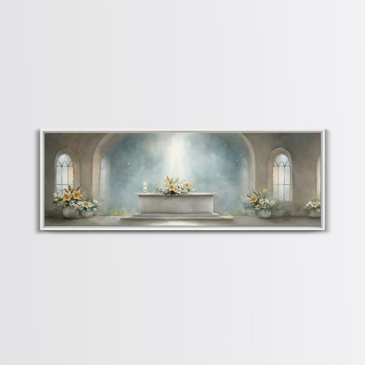 Radiant Sanctuary – Framed Canvas Print – Panoramic Frame – Christian Art Canvas – Christian Wall Art – Christmas Art – Christian Christmas