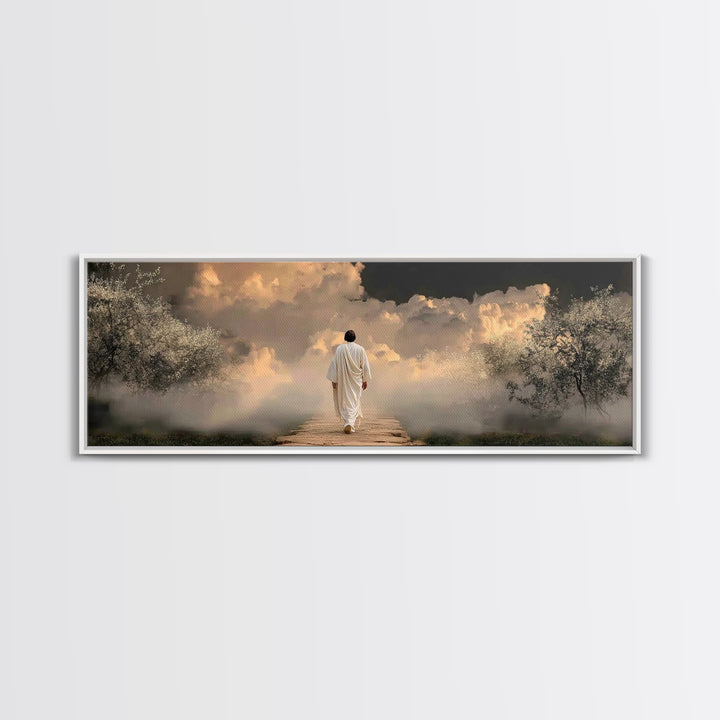Heavenly Dawn Walk, Framed Canvas Print, Christian Wall Art, Christian Art Canvas, Panoramic Wall Art, Jesus Painting, Christmas Art