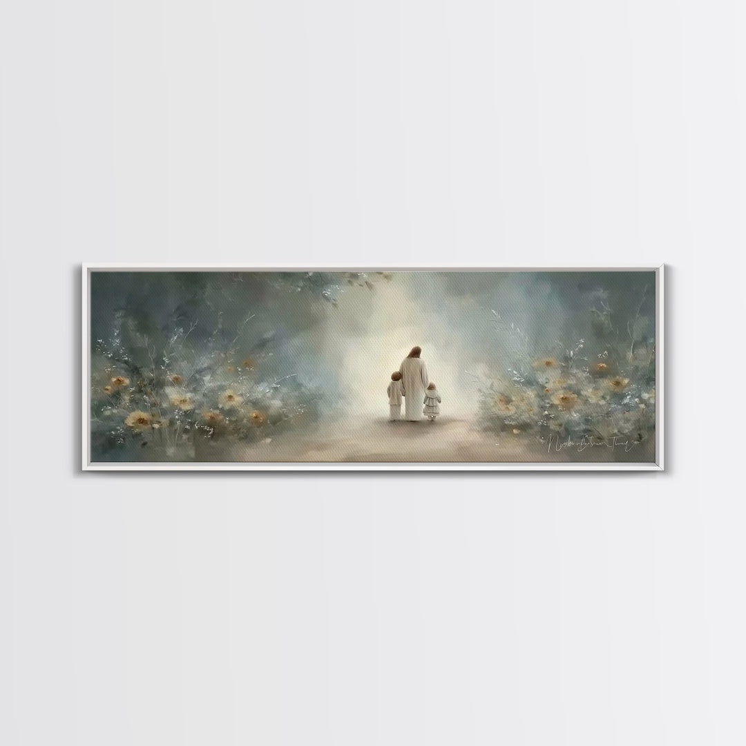 Golden Meadow Grace, Framed Canvas Print, Panoramic Wall Art, Christian Art Canvas, Jesus Painting, Christian Christmas Art, Christian Art